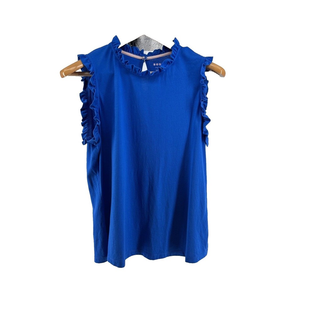 Boden Blue Sleeveless Tank Top Ruffle Trim Keyhole Neck Cotton Blend US 12